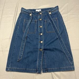 LOFT Blue Denim Tie Waist Button Front A-Line Midi Skirt Women's Size [4]
